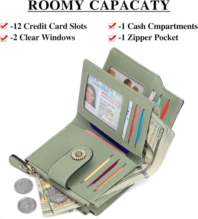 Detalle 2 de SENDEFN Damen-Portemonnaie aus Echtleder (Bifold) mit RFID-Blockierung und Platz für 16 Karten