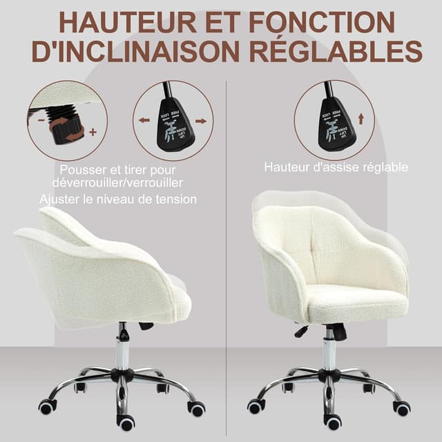 Detalle 2 de HOMCOM Chaise de bureau ergonomique en peluche Teddy avec hauteur réglable et pivot 360° (crème)