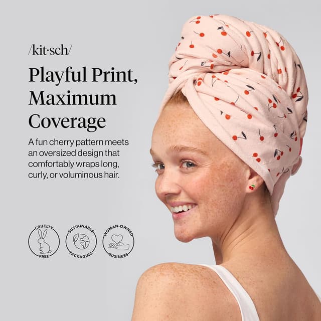 Thumbnail 1 de Kitsch XL Microfiber Hair Towel Wrap for Women (Cherry Print) – Ultra-absorbent anti-frizz hair wrap