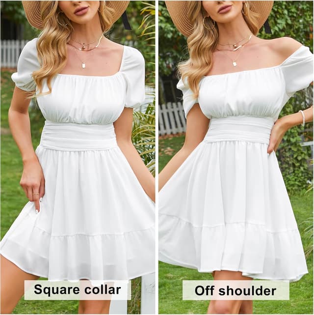 Detalle de EXLURA Women’s 2026 Summer Short Puff Sleeve Square Neck Tie-Back Mini Dress