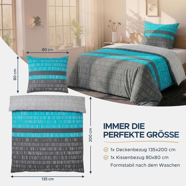 Detalle de MALIKA Bettwäsche-Set 135x200 aus Baumwolle (Renforcé) inkl. Kissenbezug 80x80, Oeko-TEX mit Reißverschluss