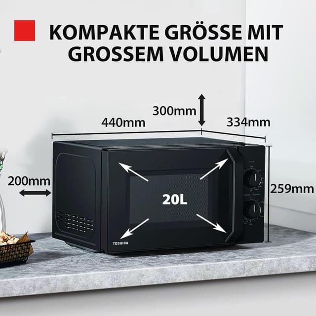Detalle de Toshiba MW2-MG20PF(BK)/GE Mikrowellenherd mit Kombi-Grillfunktion, 800 W Mikrowelle & 1000 W Grill, 20 l, schwarz