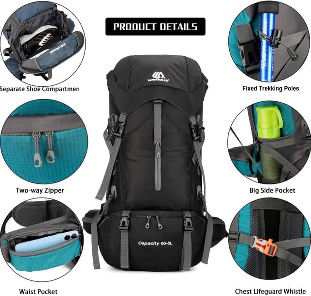 Detalle de Ezmina 70L hiking backpack with rain cover – lightweight waterproof trekking rucksack