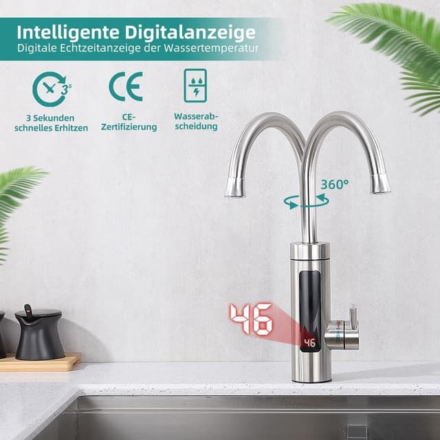 Detalle de HOMELODY Elektrischer Wasserhahn mit Durchlauferhitzer (230 V) und LED-Temperaturanzeige – Edelstahl, 360° drehbar