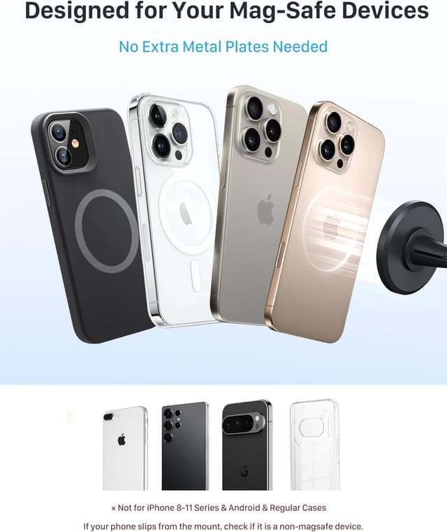 Detalle de Support téléphone voiture YOSH MagSafe pour iPhone 16/15/14/13/12 (avec étui MagSafe) – fixation par aimants, argenté