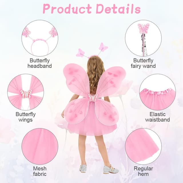 Detalle de AYBUY Kids Fairy Wings Costume Set (Butterfly Wings, Tutu, Magic Wand & Headband)