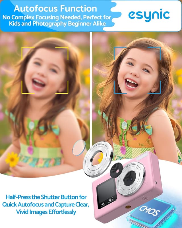 Detalle 2 de eSynic Digital Compact Camera 4K 48MP with Dual Screens, 18X Zoom and LED Fill Light (Pink) + 32G SD Card