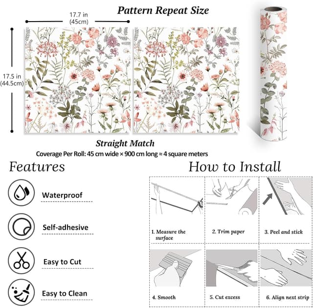 Thumbnail 6 de VEELIKE Vintage Peach Pink Floral Wallpaper 44.5×900 cm