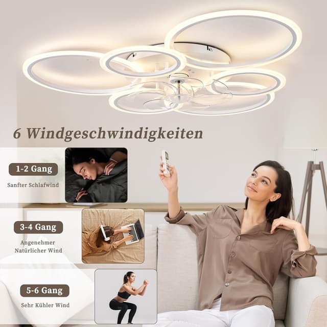 Detalle de MiiR Deckenventilator mit Beleuchtung, LED dimmbar & Fernbedienung – umkehrbarer Motor, 6-Gang (85 W, 6.800 lm), weiß