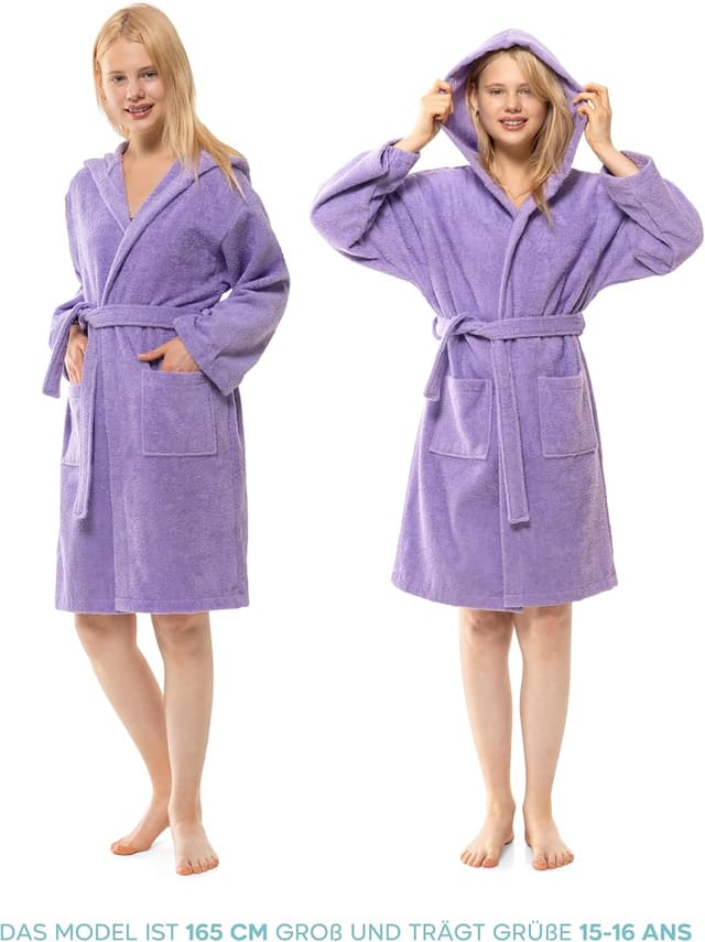 Detalle de Twinzen Bademantel für Kinder & Teenager mit Kapuze aus 100% Baumwolle (Frottee) – Oeko-Tex