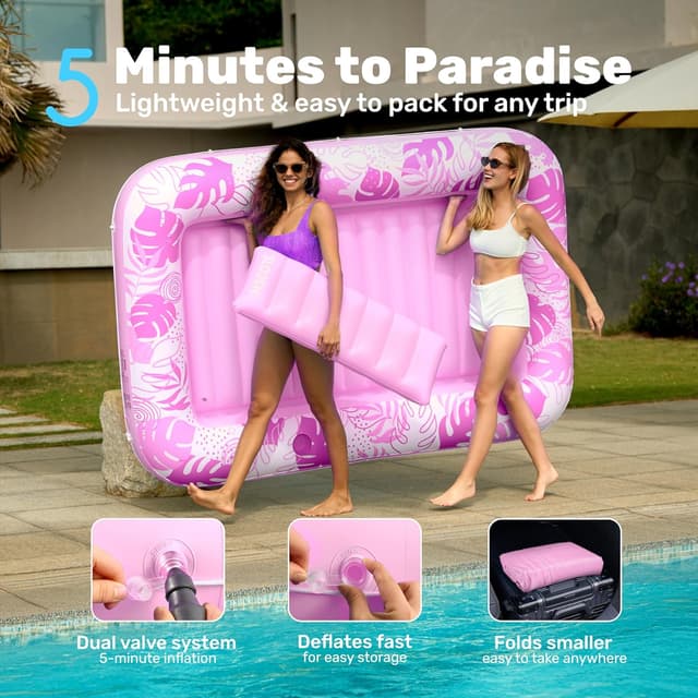 Detalle 2 de SLOOSH Inflatable Tanning Pool Lounger Float (85" x 57") for Adults, Extra Large Sunbathing Raft with Removable Pillow, 4-in-1 Design, Blushing Pink
