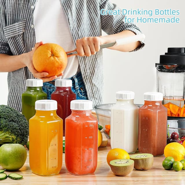 Detalle de Absovetu 4 Pack Glass Juice Bottles with Airtight Lids, 500 ml (16oz) reusable glass milk and drink containers