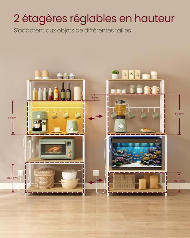 Detalle de VASAGLE étagère de cuisine avec LED et multiprise KKS050YA01 (40 x 80 x 168,4 cm) – doré chêne et blanc mat