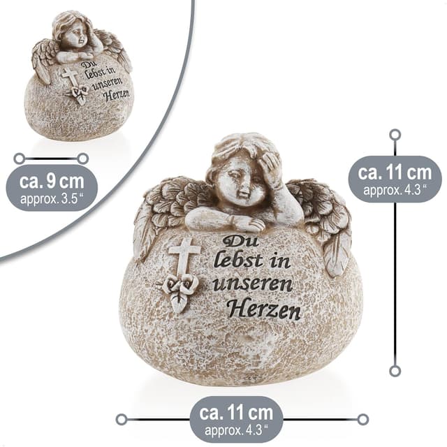 Detalle 2 de com-four® decorazione tombale a cuore con angelo e iscrizione commemorativa “Angelo Tu vivi nei nostri cuori” (1 pezzo)