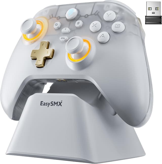 Detalle de EasySMX Enhanced Wireless Bluetooth PC Controller with Charging Dock, RGB and Hall Sensor (White)