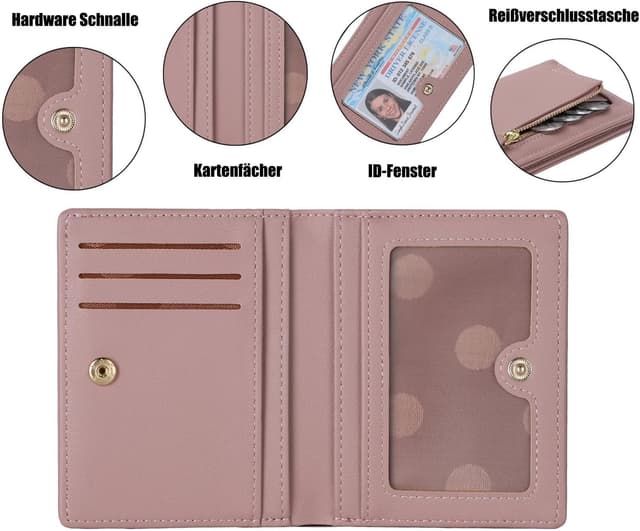 Detalle de RRANCharltu Damen Geldbörse klein aus Leder-Optik – Mini-Kurzgeldbeutel mit Reißverschluss, Dunkelrosa