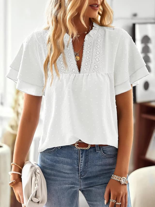 Detalle 2 de TUUHAW Damen Sommer-Bluse mit V-Ausschnitt und Häkelspitze – kurzarm, fließend & boho-lässig