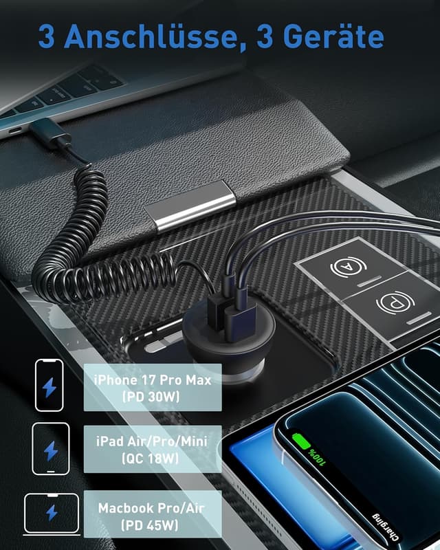 Detalle 2 de 75W Zigarettenanzünder USB-C/A mit 1,2m Spiralkabel