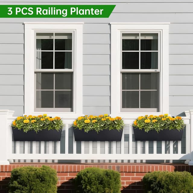 Detalle de OGIMA 41cm Railing Planter Box (3-pack) with adjustable wide hooks for 7cm railings