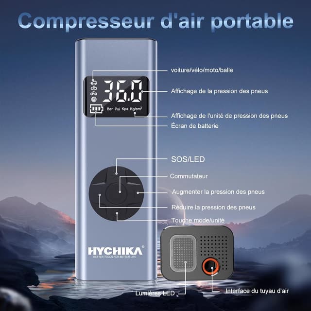 Thumbnail 6 de HYCHIKA Mini compresseur à air portable 12V 6000mAh avec écran LCD et lampe LED