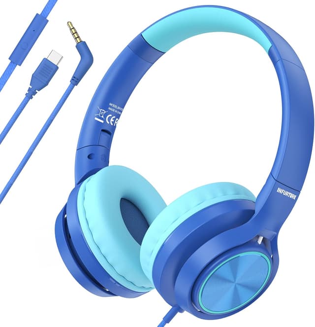 Detalle de INFURTURE Kids Headphones (USB‑C / 3.5mm) with Mic, 94dB Volume Limit & Inline Controls