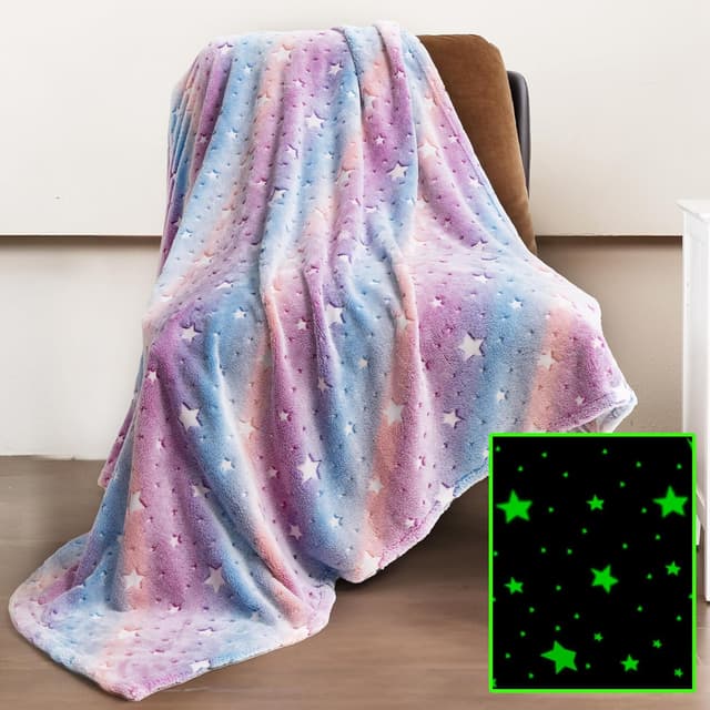 Detalle de Winthome Kuscheldecke für Mädchen – Glow-in-the-Dark Kinderdecke (Stern, 130×170 cm)