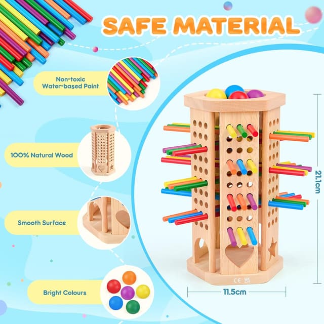 Detalle de Bridokit Montessori Brettspiel aus Holz ab 3 Jahren mit 42 bunten Holzstäbchen (bis zu 6 Spieler)