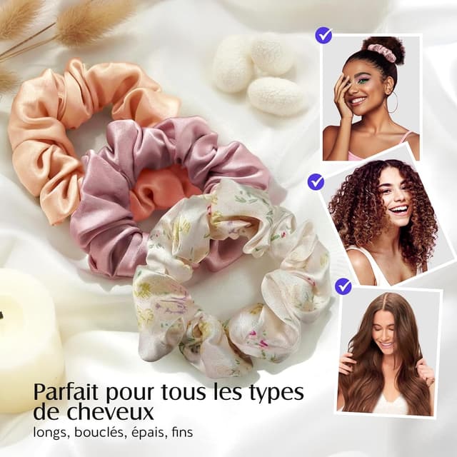 Detalle de Umisleep lot de 3 chouchous en soie de mûrier 22 momme (rose orangé, imprimé floral) – sans marques