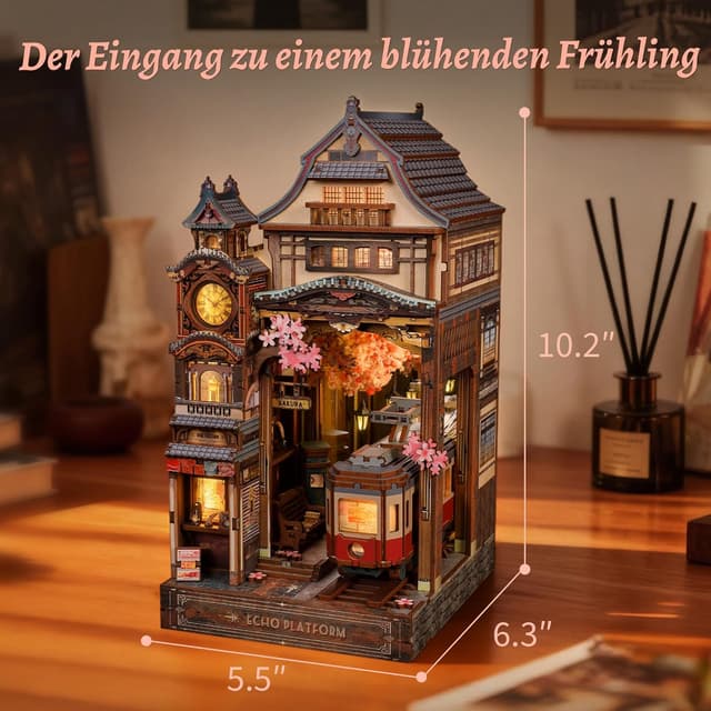 Detalle 2 de FUNPOLA Sakura Train Book Nook Kit – LED 3D Holzpuzzle mit Infinity-Spiegel (DIY-Bücherregal-Deko)