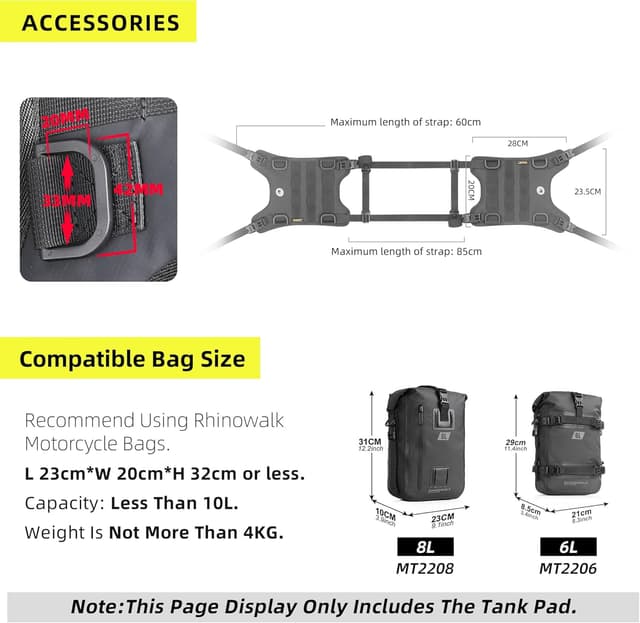Detalle de Rhinowalk universal motorcycle tank side bag mounting base (tank pad, quick-release straps, MOLLE, waterproof)
