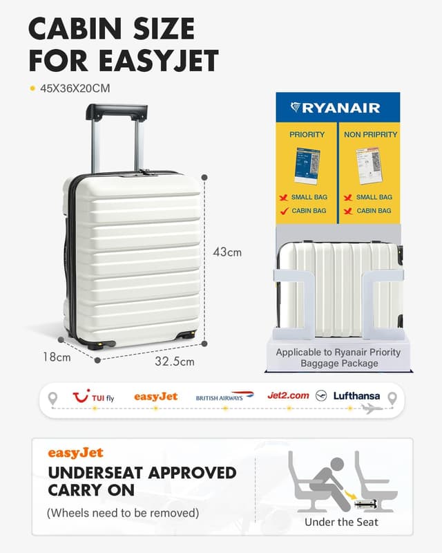 Detalle de Lekesky EasyJet cabin suitcase 45x36x20cm with TSA lock and detachable wheels (beige)