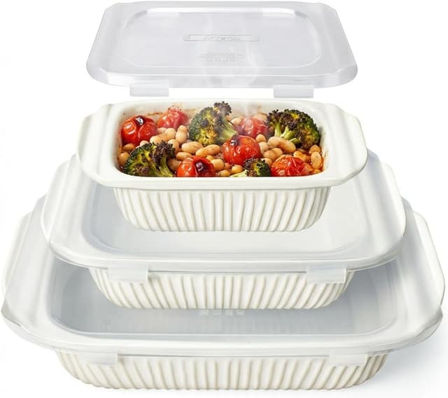 Detalle de Artena ceramic casserole dishes set (3-piece) with lids for oven baking, lasagna pan with handles, white