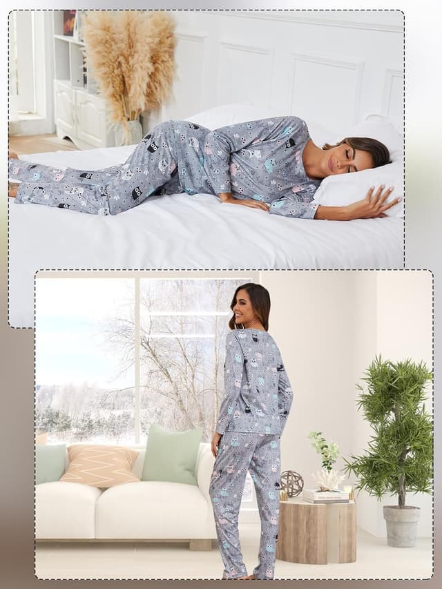 Detalle de Reliwel Damen-Schlafanzug Lang aus Baumwolle – Pyjama-Set mit Langarm-Oberteil und langer Schlafanzughose