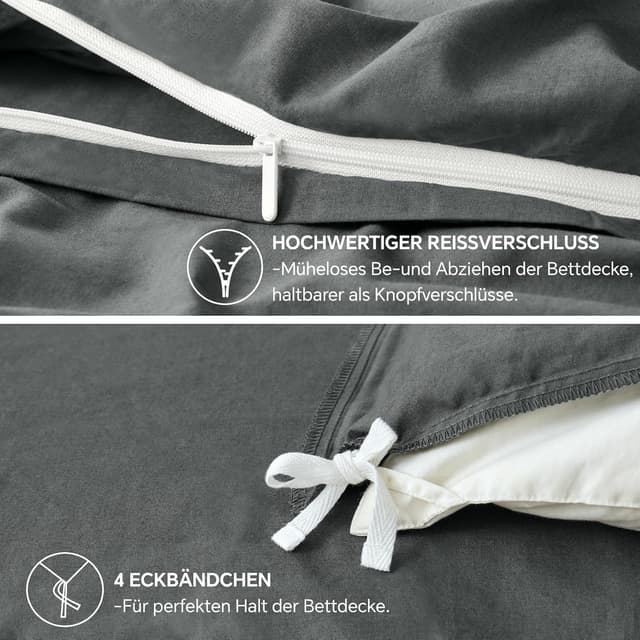 Detalle 2 de BEDELITE Bettwäsche-Set 155x220 cm aus Baumwolle (3-teilig, mit Reißverschluss) in Anthrazit