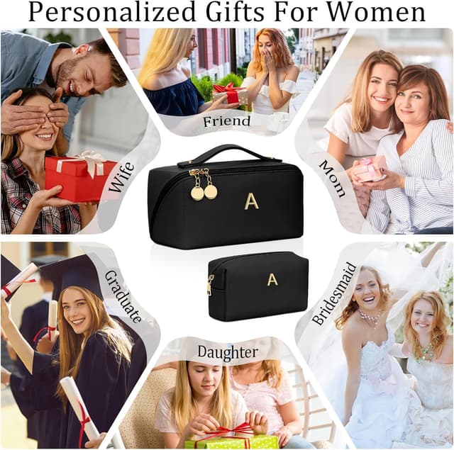 Detalle 2 de CLOUDWINGS Personalized Initial Makeup Organizer Bag Set (Open-Flat Travel Cosmetic Bags, Black)