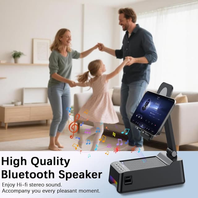 Detalle de Wireless Induction Speaker 5-in-1 Bluetooth Speaker with Phone Stand, 360° LED Rotation, and 3000mAh Power Bank