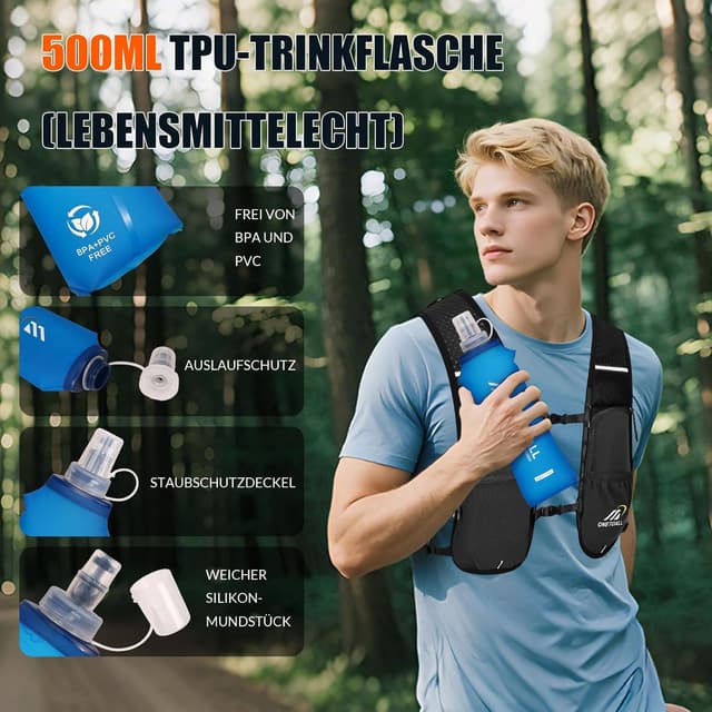 Detalle 2 de ONETOALL Laufweste Damen mit 500-ml-Trinkflasche & 2-L-Trinkblase – reflektierende Laufrucksack-Weste (ca. 150 g) für 6 l