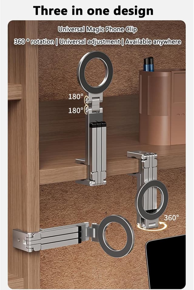 Detalle 2 de MagSefa Magnetic Phone Tripod Stand with N52 Magnet (Silver) – universal clip mount, 360° adjustable