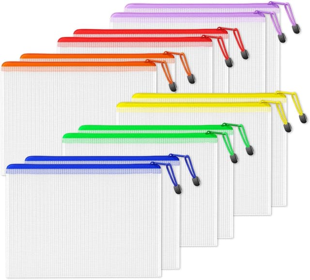 Detalle de SUNEE Dokumententasche A4 als Set (12 Stück) – wasserdichte Mesh-Hüllen mit Reißverschluss in 6 Farben