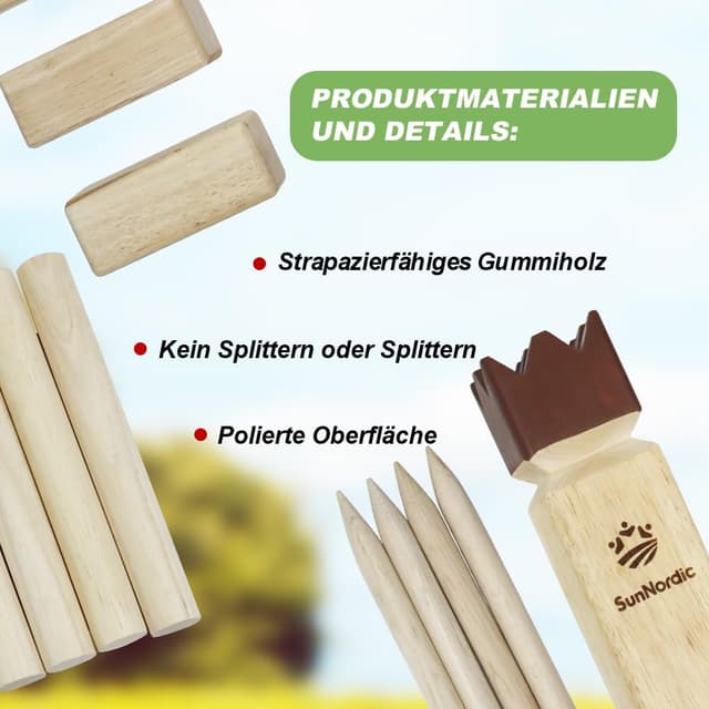 Detalle de SunNordic Kubb Wikinger Wurfspiel aus Gummibaumholz – Schwedisches Schachspiel für Garten & Outdoor