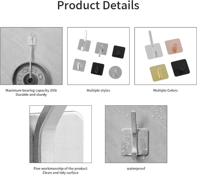 Detalle de Paoli Heavy Duty Adhesive Hooks (Black, 4-Pack) — Self-Adhesive Wall Hooks for Home, Schools, and Offices