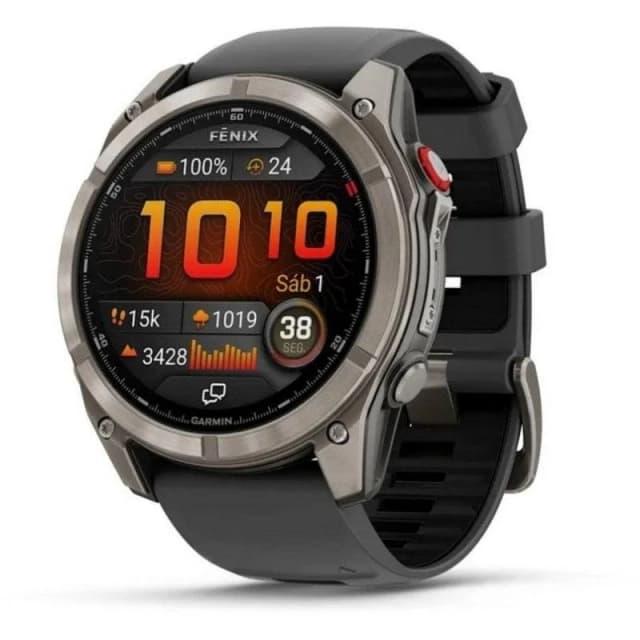 Detalle de Garmin Fenix 8 Pro LTE/NTN satelital 51 mm AMOLED de titanio con correa de silicona negra/gris
