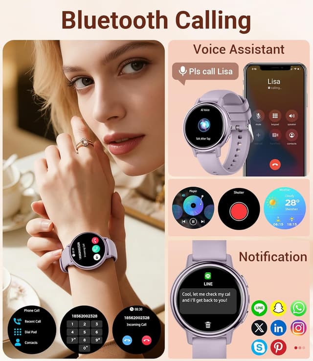 Detalle de SUNKTA Smart Watch for Women with Bluetooth calling, 1.26" HD display and fitness tracking (Purple)