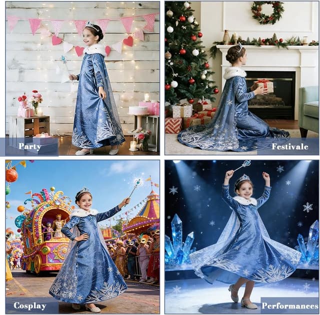 Thumbnail 6 de URAQT Vestito Principessa con mantello, corona e scettro per bambina (fantasia in velluto)