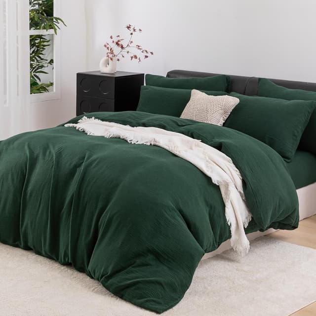 Detalle de YASMENG Parure de lit double en gaze de coton 220x240 vert foncé (housse de couette + taie 65x65 cm)