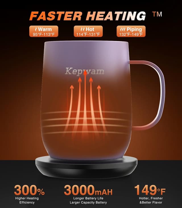 Detalle 2 de Kepwam Self Heating Coffee Mug T2 16oz, 150‑Min Battery