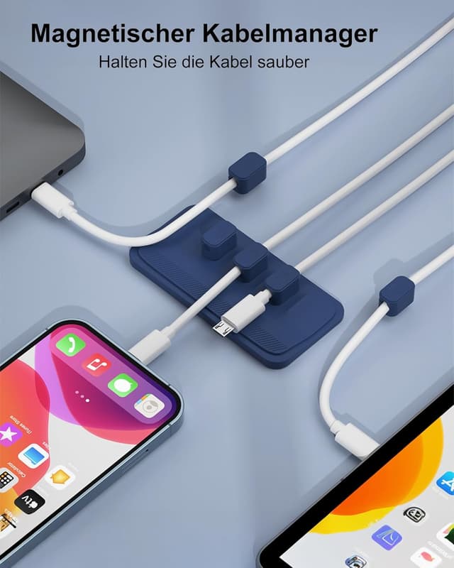 Detalle de Magnetischer Kabelhalter mit 5 variablen Magnetclips für Lightning, USB-C & Mikro-Kabel – universeller Kabelmanager (Blau)