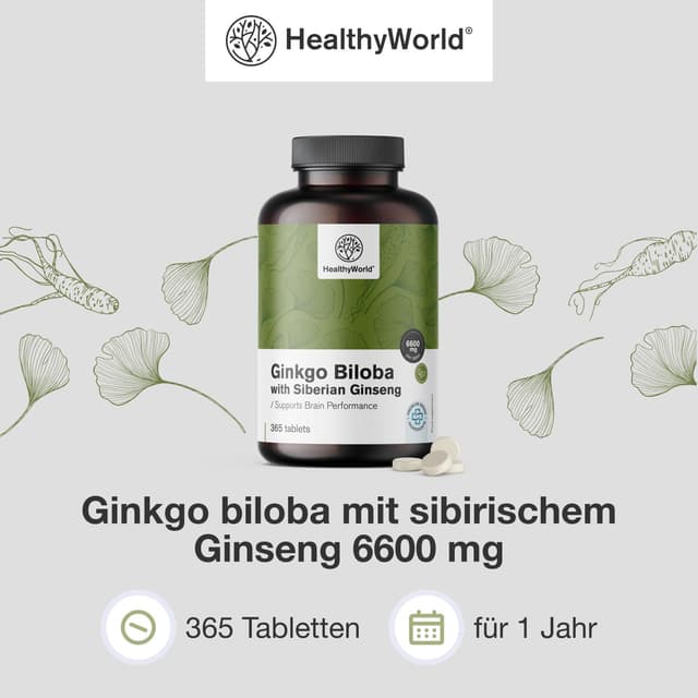 Detalle de HealthyWorld Ginkgo Biloba mit sibirischem Ginseng (6.600 mg) – 365 Tabletten für die tägliche kognitive Unterstützung