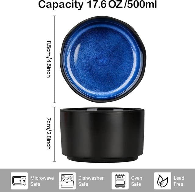 Detalle 2 de CSYY Müslischalen aus Porzellan (6-teilig), schwarz matt mit tiefblauem Innenbereich – Reisschalen & Dessertschalen bis ca. 500 ml