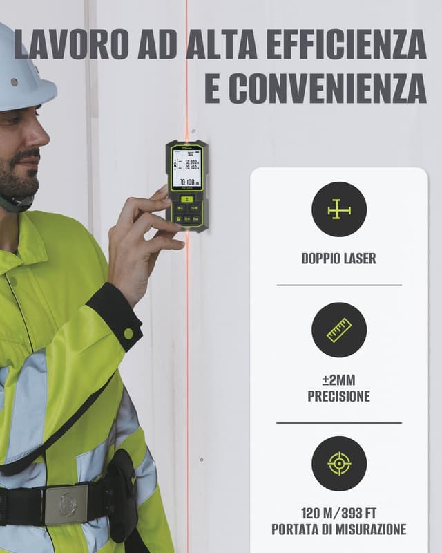 Detalle de Inkerma Metro Laser bilaterale ricaricabile RS-393: fino a 120 m con calcolo area/volume e Pitagora